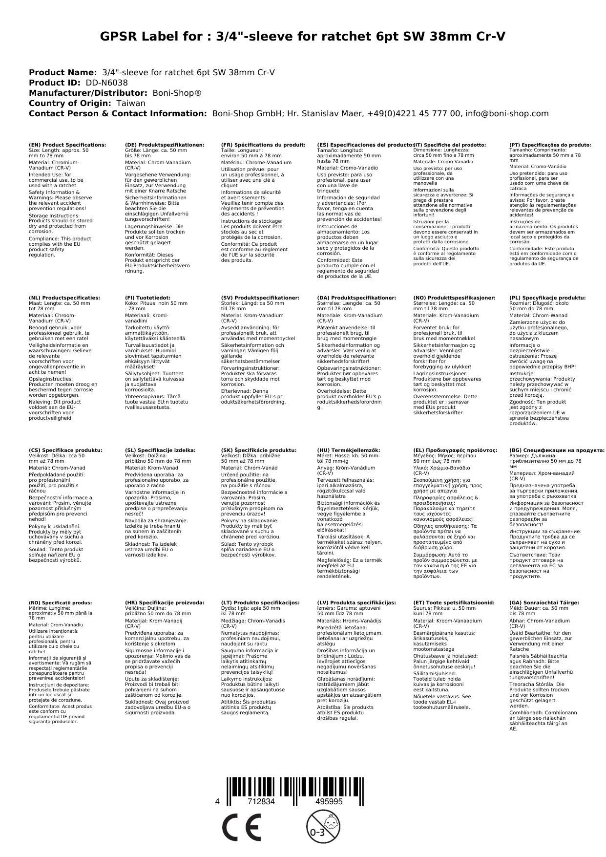 3/4 Zoll Nuss 38mm, Stecknuss Cr-V, 6-Kant, für Knarre, Ratsche