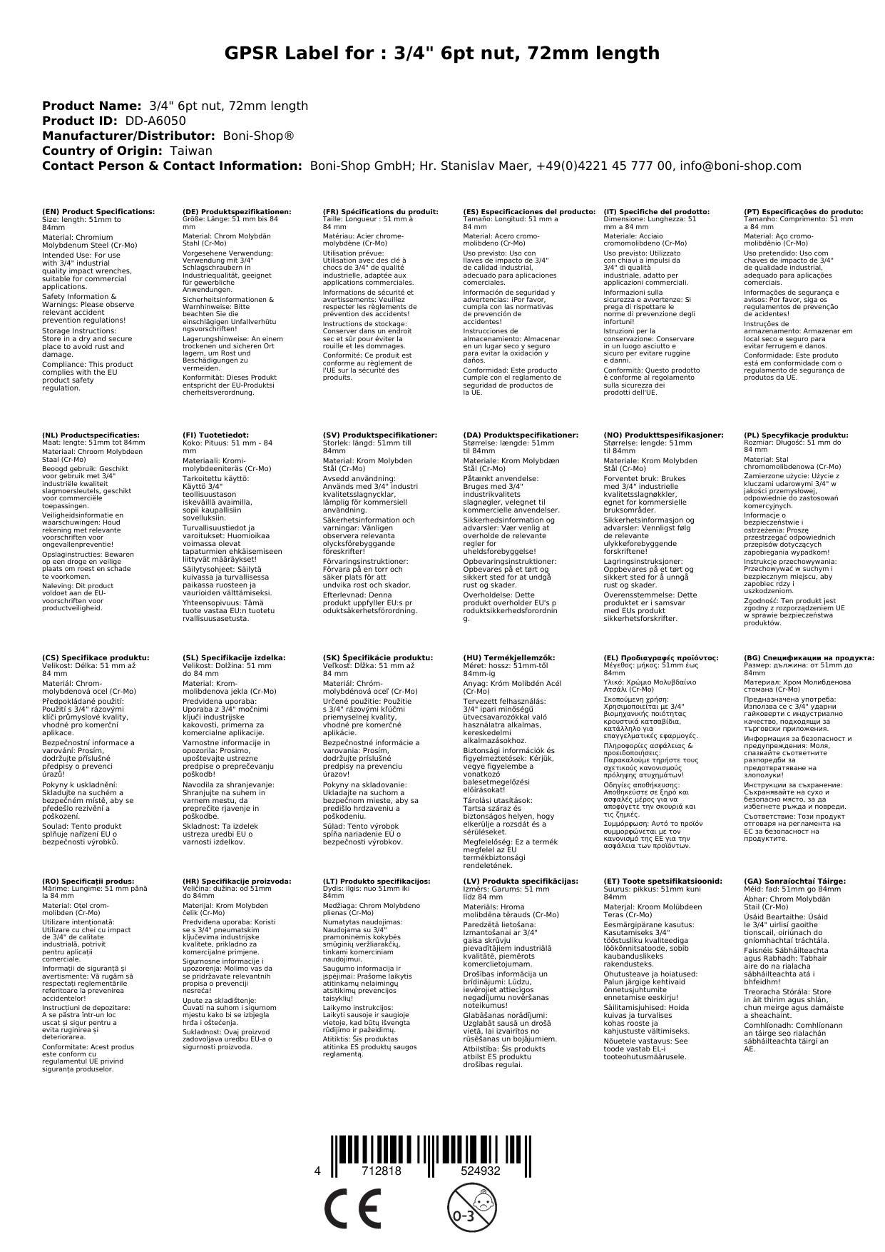 3/4 Zoll Nuss 50mm, Schlagschraubernuss Cr-Mo, SW 50