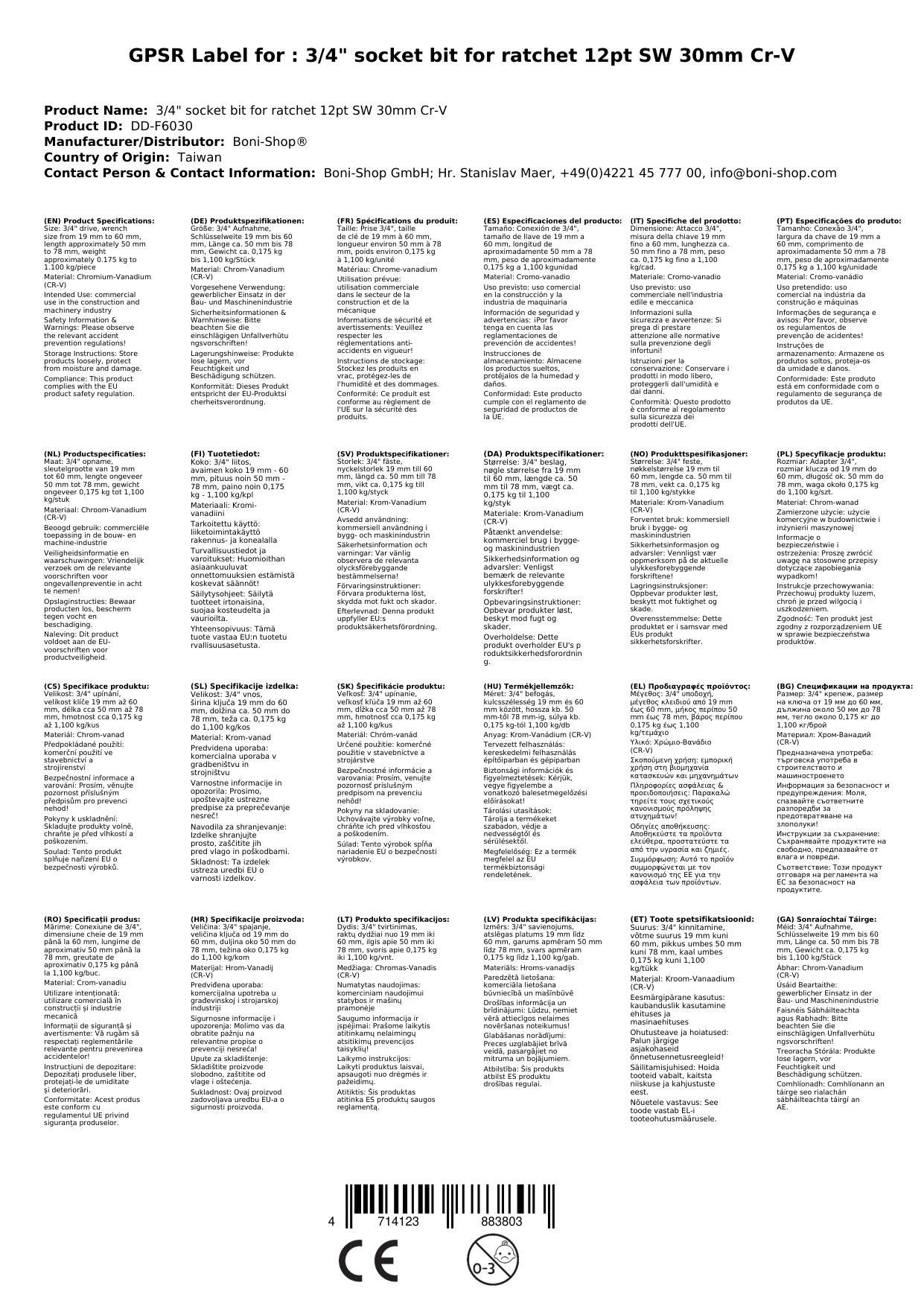 3/4 Nuss, 30mm Stecknuss, Cr-V Einsatz für Knarre Ratsche