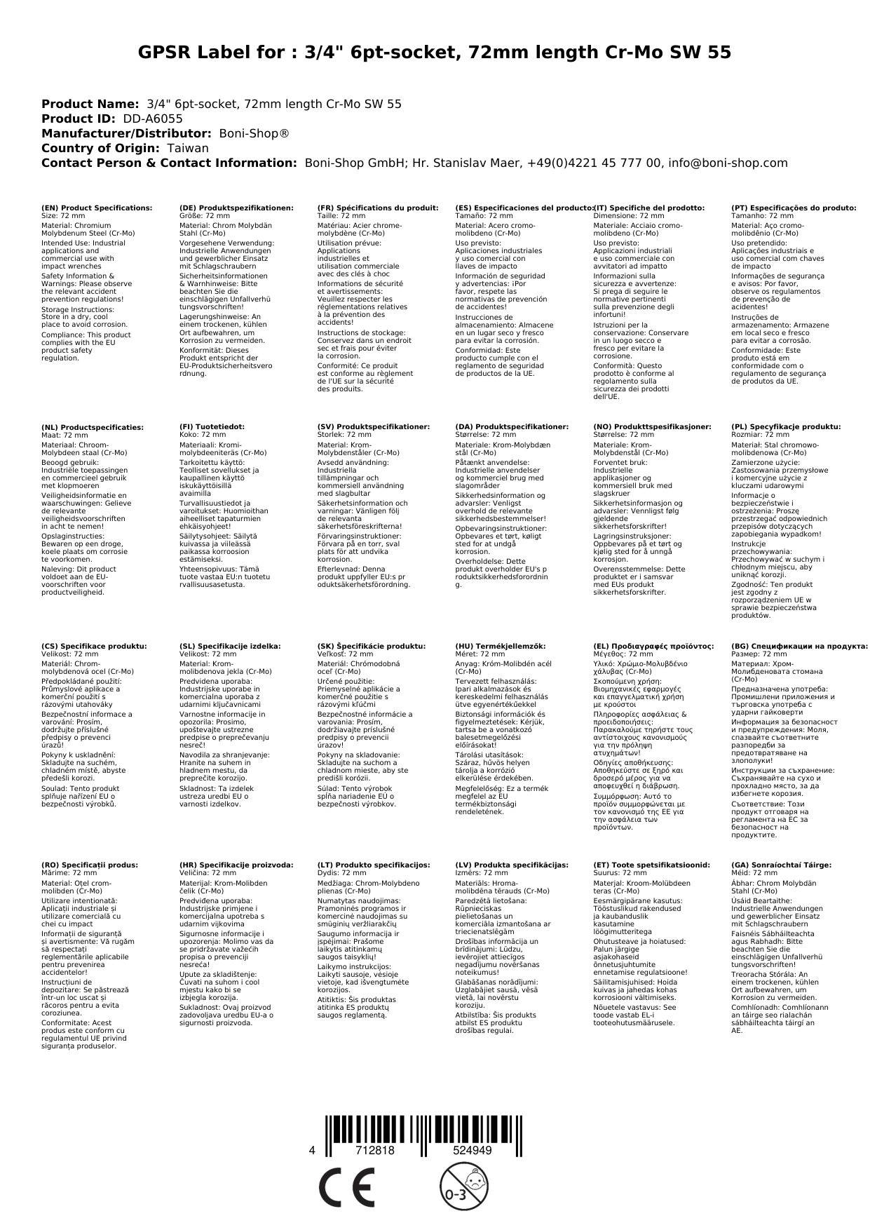 3/4 Zoll Nuss, Schlagschraubernuss, Cr-Mo, 55mm, 6pt