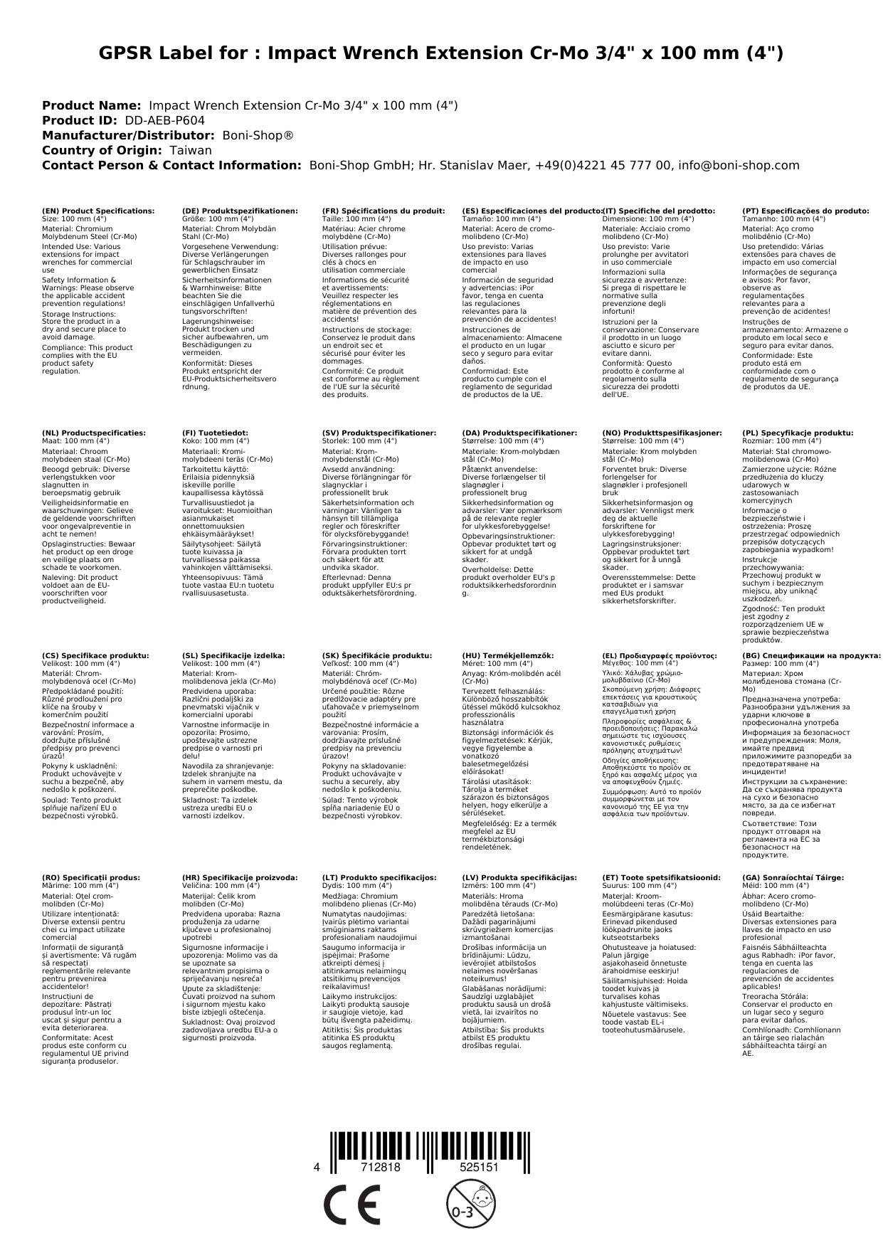Schlagschrauber Verlängerung 3/4 Zoll, Cr-Mo, 100 mm, Industrie Qualität