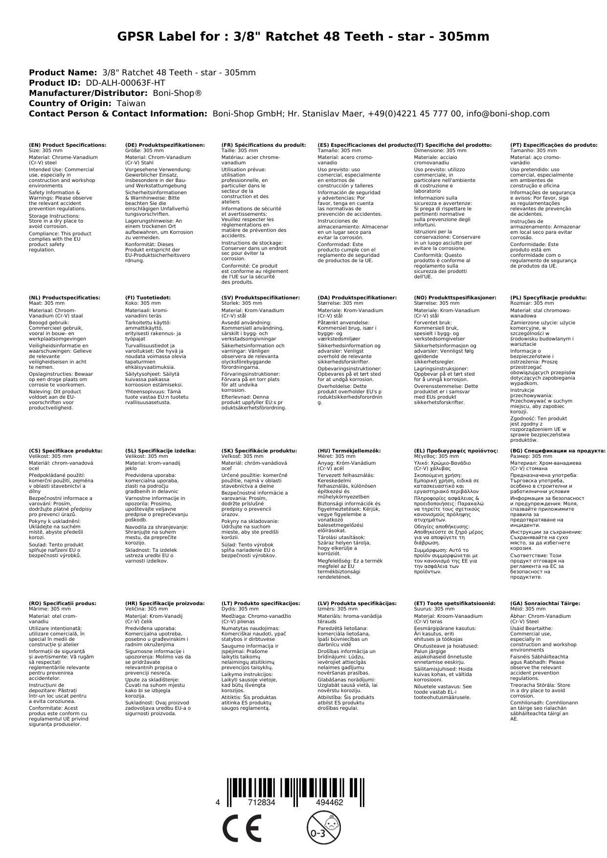 3/8 Zoll Knarre, Umschaltknarre, 48 Zähne, 305mm
