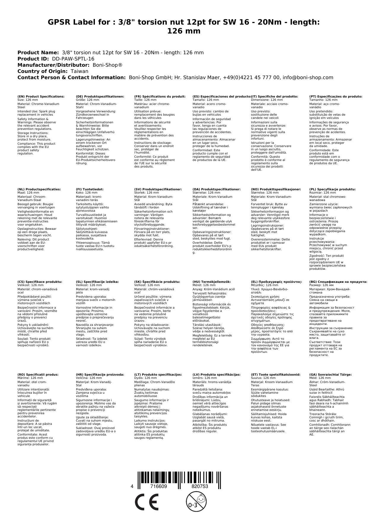 Zündkerzenschlüssel 3/8 Zoll, 16mm, Drehmoment, 12pt Nuss