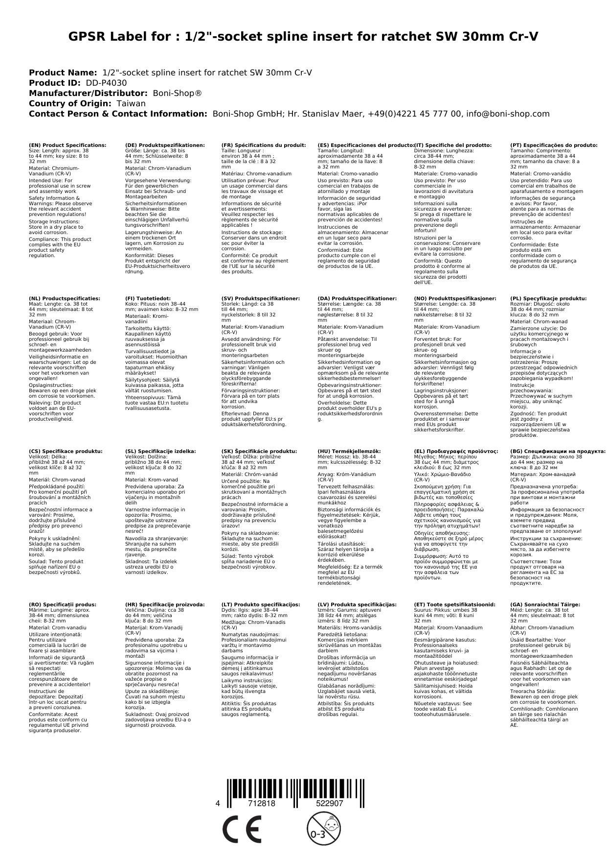 Stecknuss 30mm, 1/2 Zoll Nuss, Vielzahn Nuss, Cr-V Stahl