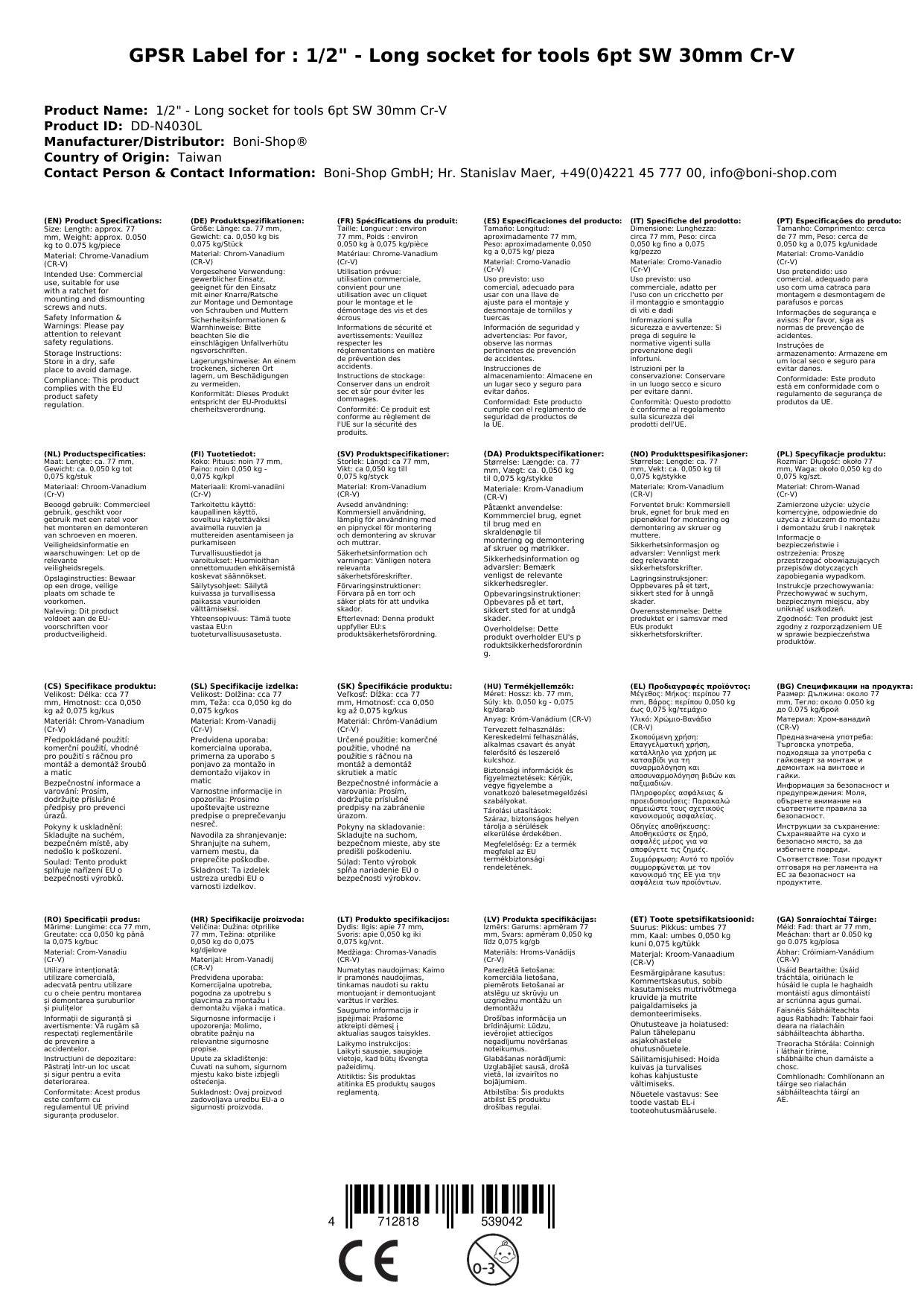 Stecknuss 30mm, 1/2 Zoll Langnuss, Cr-V Industrie Qualität
