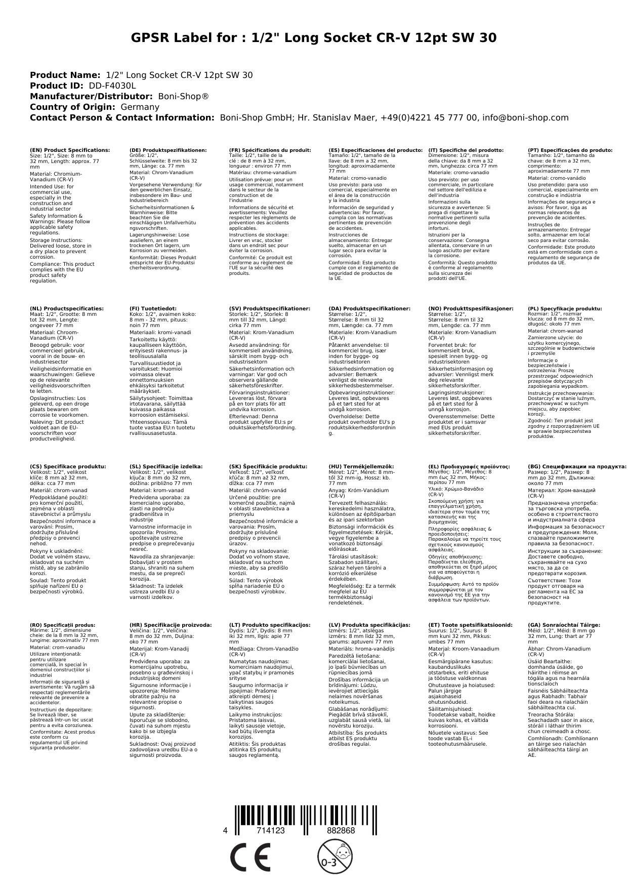 Stecknuss 30mm, 1/2 Zoll Nuss, Lang, 12 Kant, Cr-V