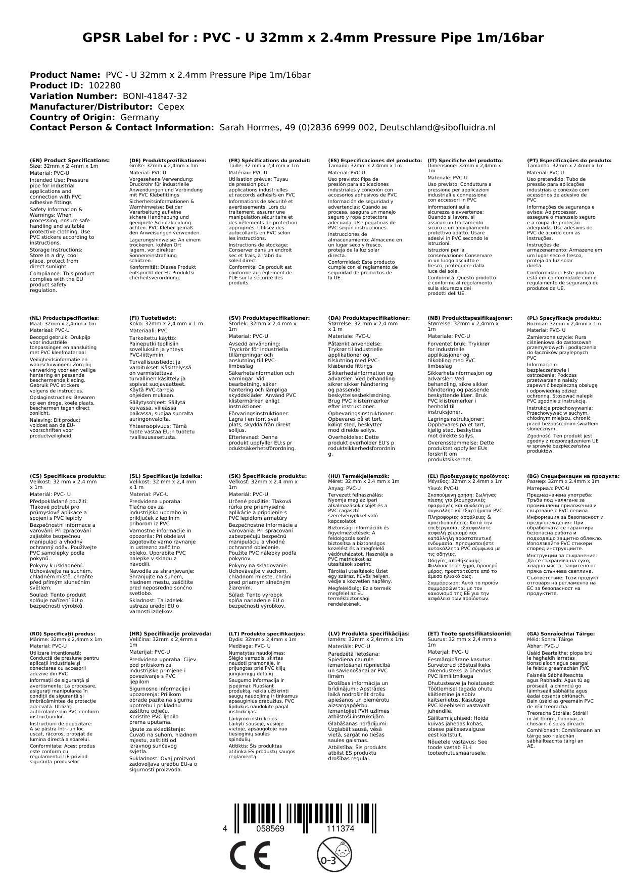 PVC Rohr 32mm, Druckrohr, PVC-U Rohr 1m, PN16, grau