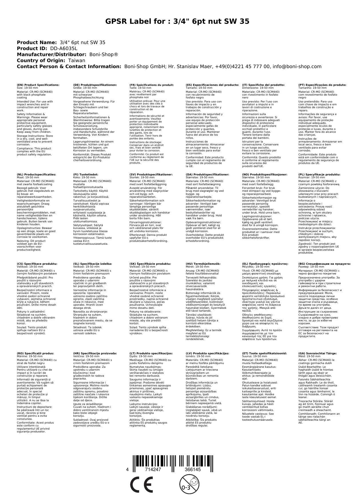 35mm Nuss, 3/4 Zoll, SW 35, 6pt Stecknuss