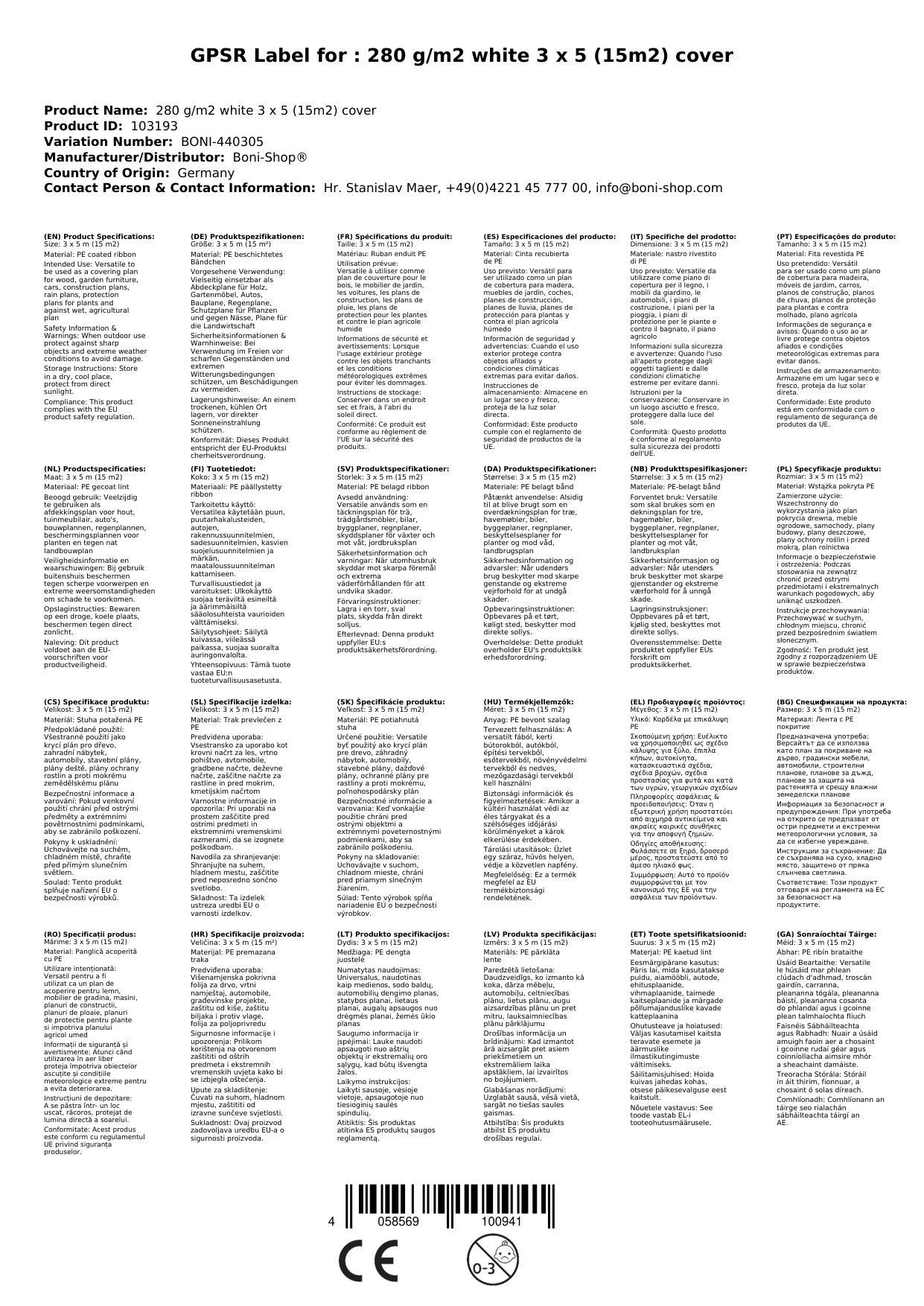 Abdeckplane 3x5m, weiß, 280g/m², wasserdicht, reißfest, (15m²)