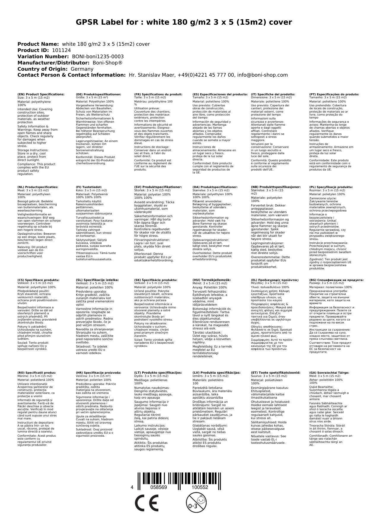 Abdeckplane 3x5m (15m²), weiss, 180 g/m², wasserdicht und UV-beständig