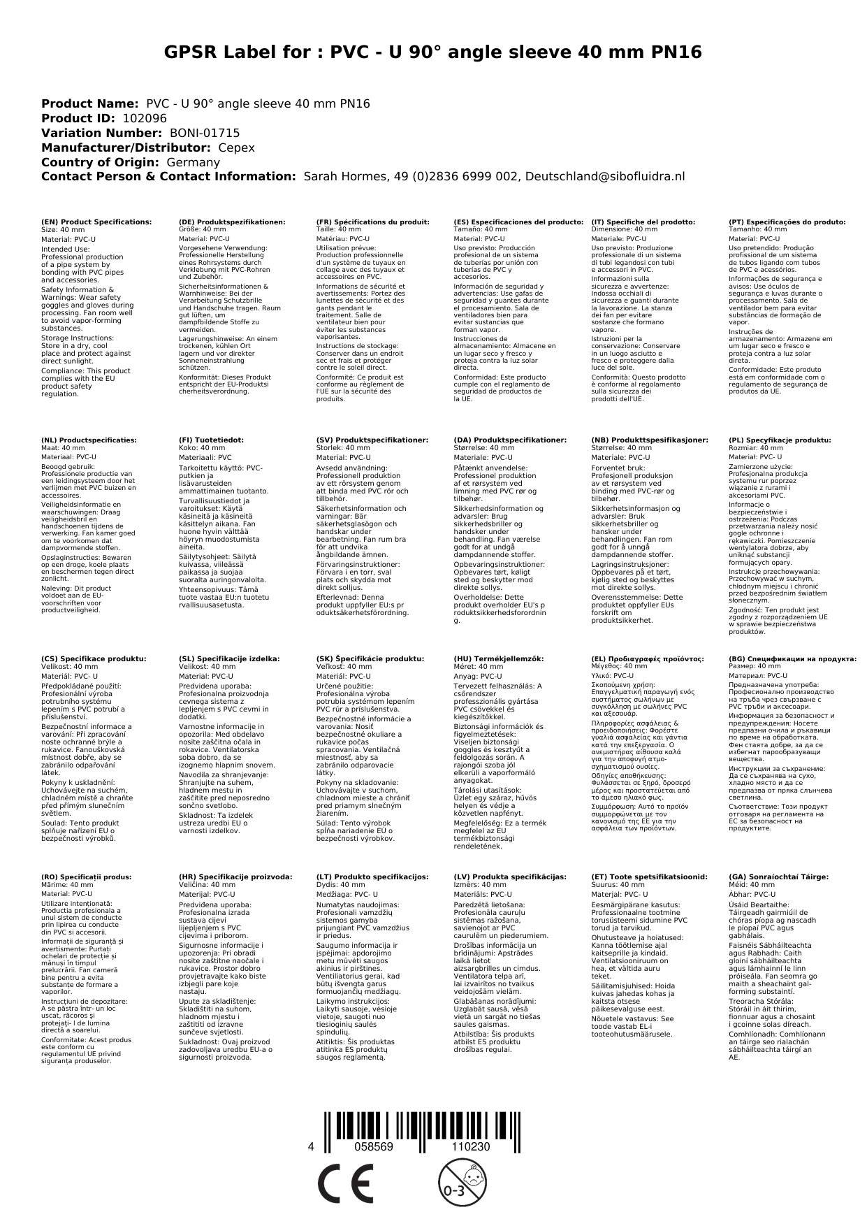 PVC Winkel 90 Grad, Muffe 40mm, PVC-U Fitting PN16