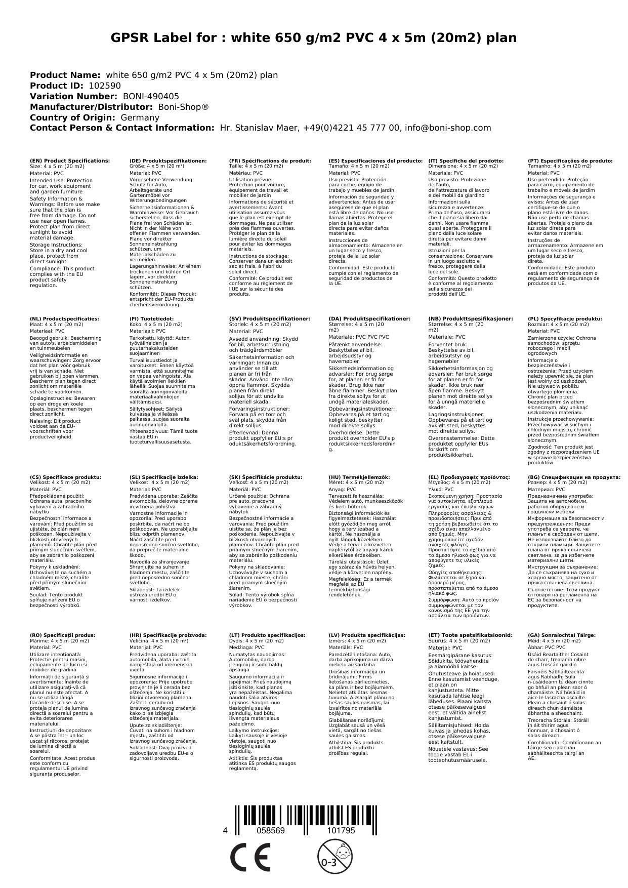Abdeckplane, Gewebeplane 4x5m, PVC Plane, weiß, 650g/m², wasserdicht, reißfest