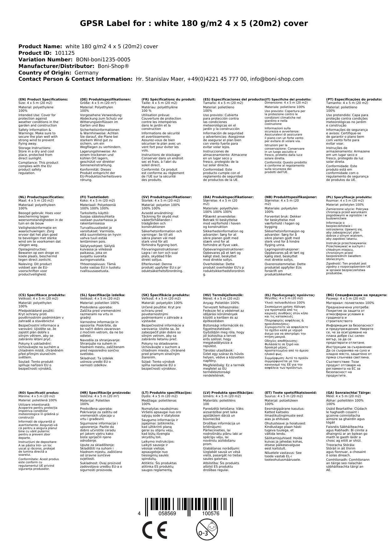 Abdeckplane 4x5m (20m²), 180 g/m², wasserdicht, weiß, reißfest, UV-stabil