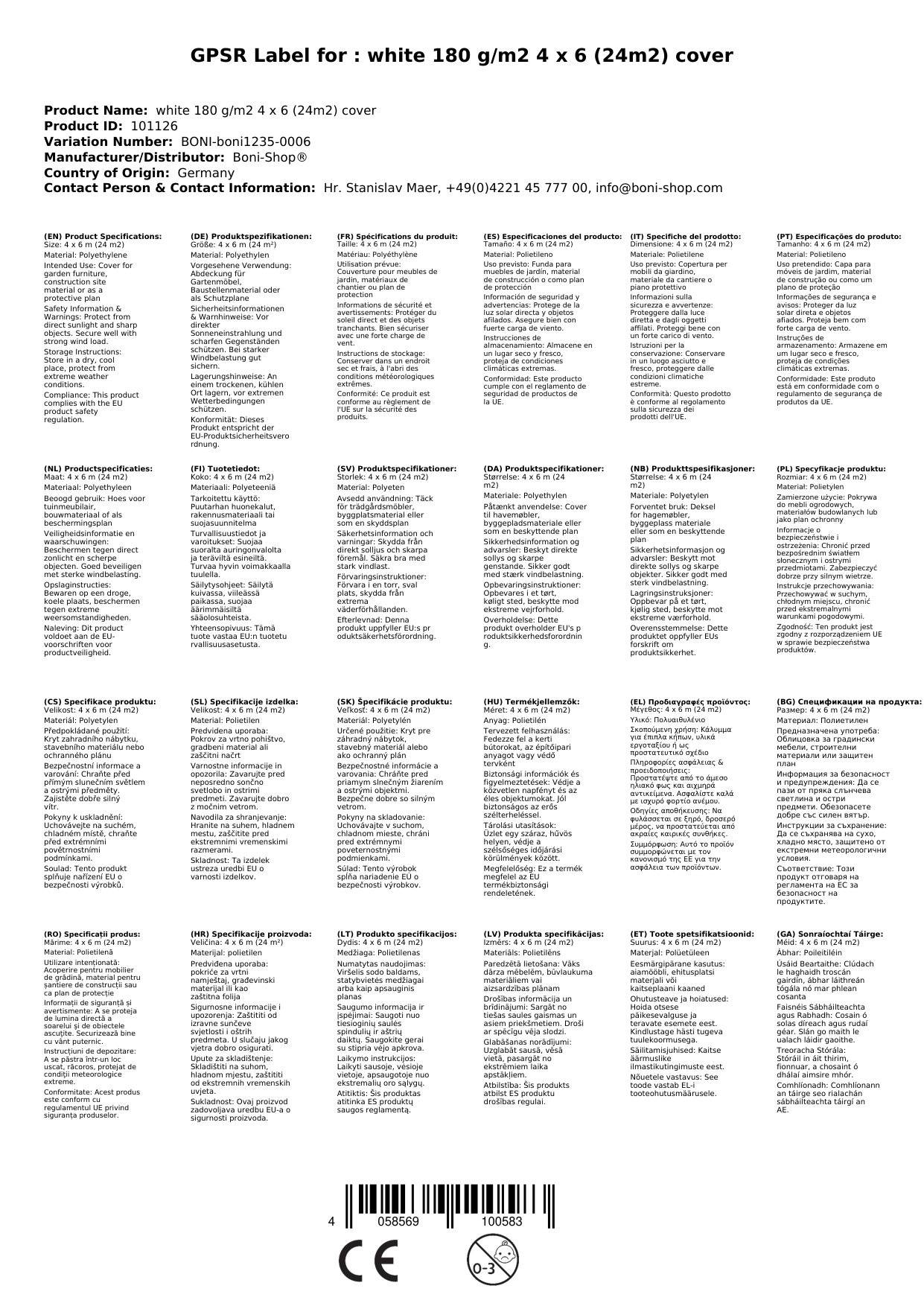 Abdeckplane 4x6m, 24m², Weiß, 180g/m², Wasserdicht und Reißfest
