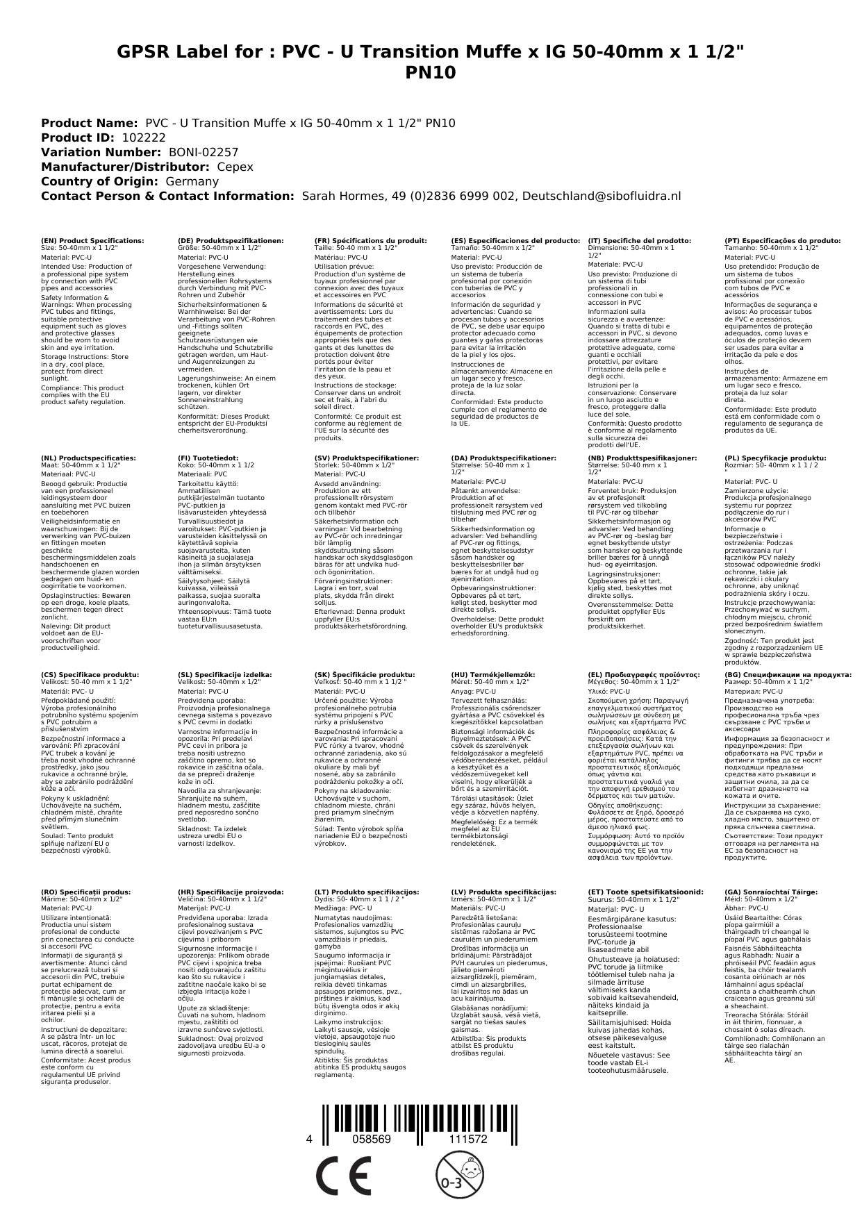 PVC Fittinge, PVC Muffe, Übergang 50-40mm, Boni-Shop24