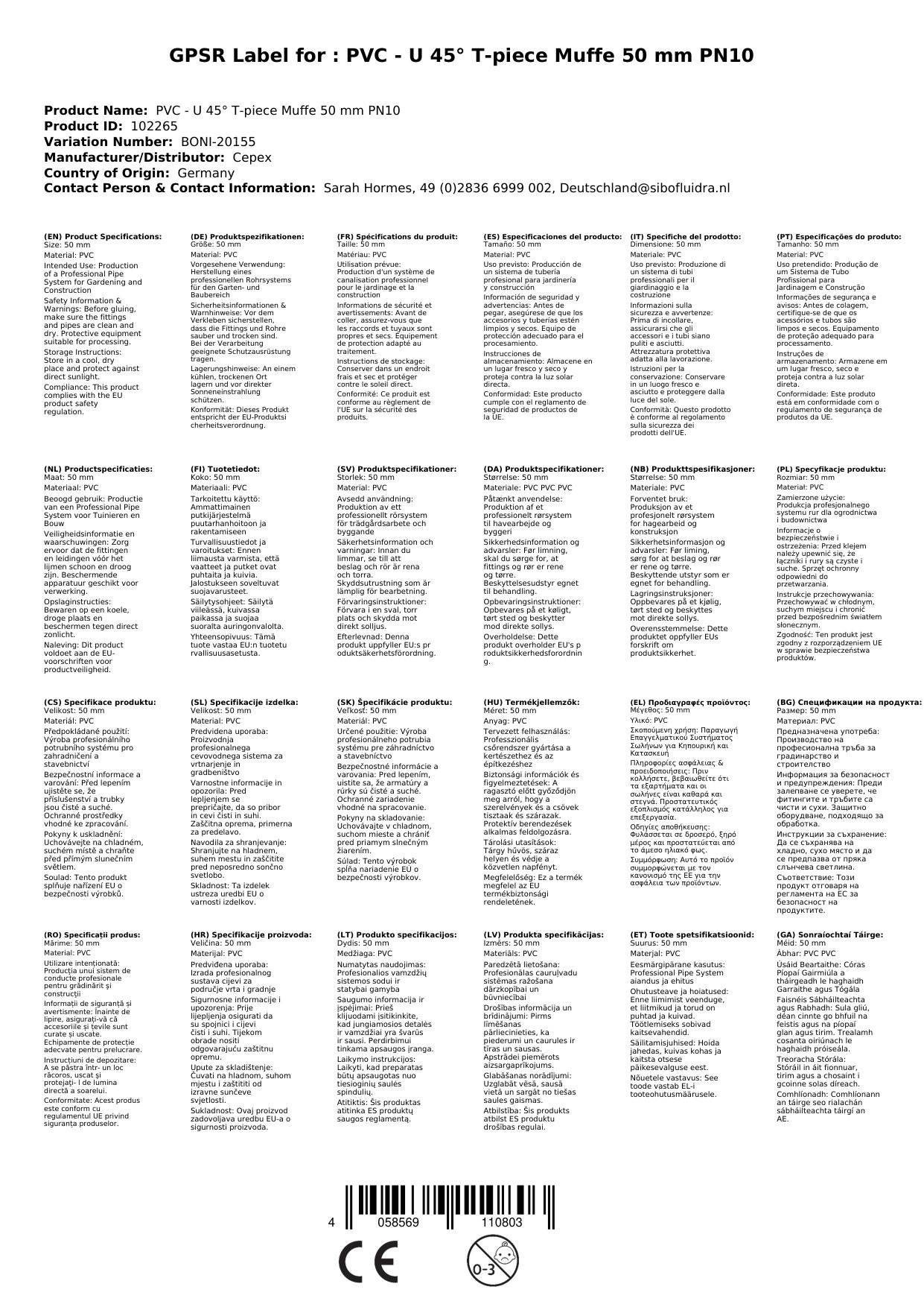 PVC-Verbinder, PVC-U 45° T-Stück Muffe 50 mm PN10, Rohrverbinder
