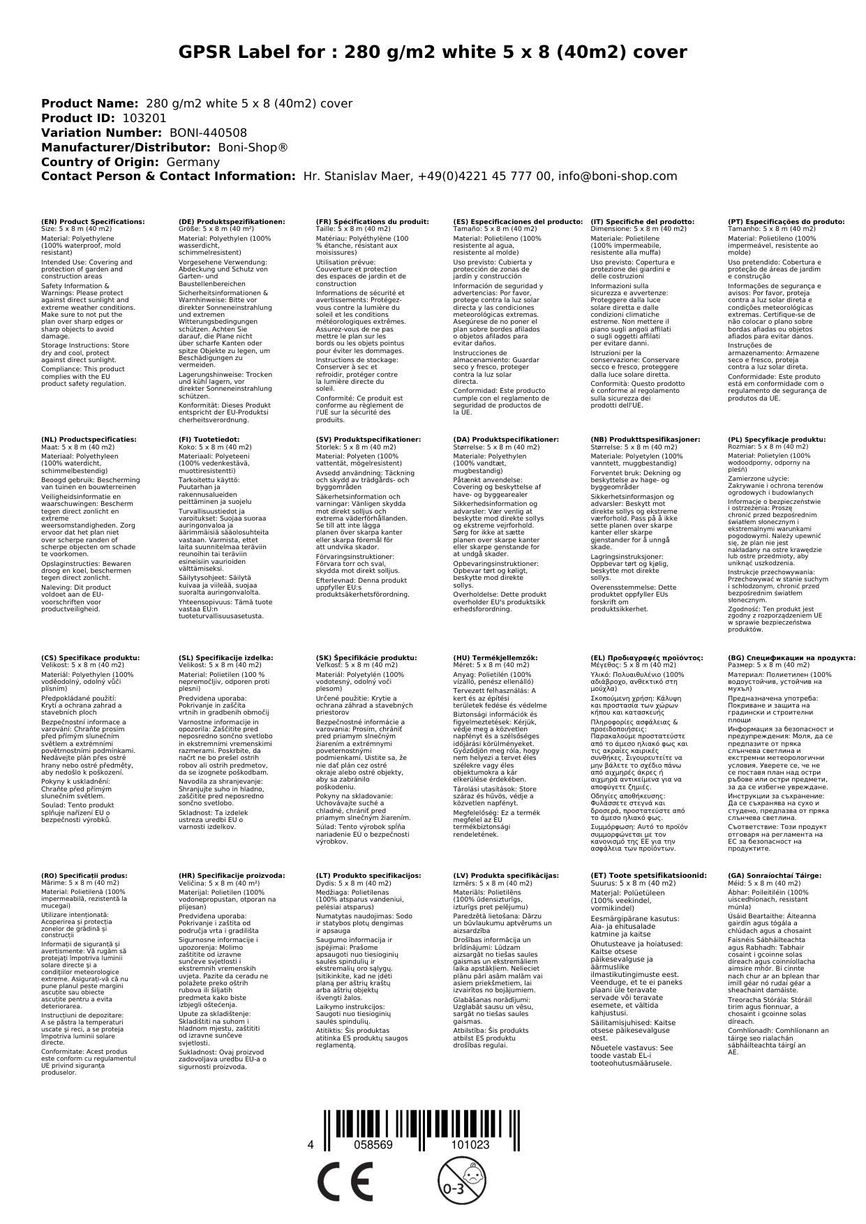 Abdeckplane 280 g/m², 5x8m (40m²) weiß, wasserdicht, reissfest