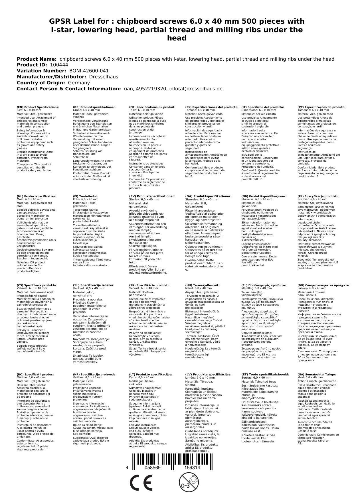 Spanplattenschrauben 6,0 x 40 mm, 500 Stück, Senkkopf, Teilgewinde, Fräsrippen