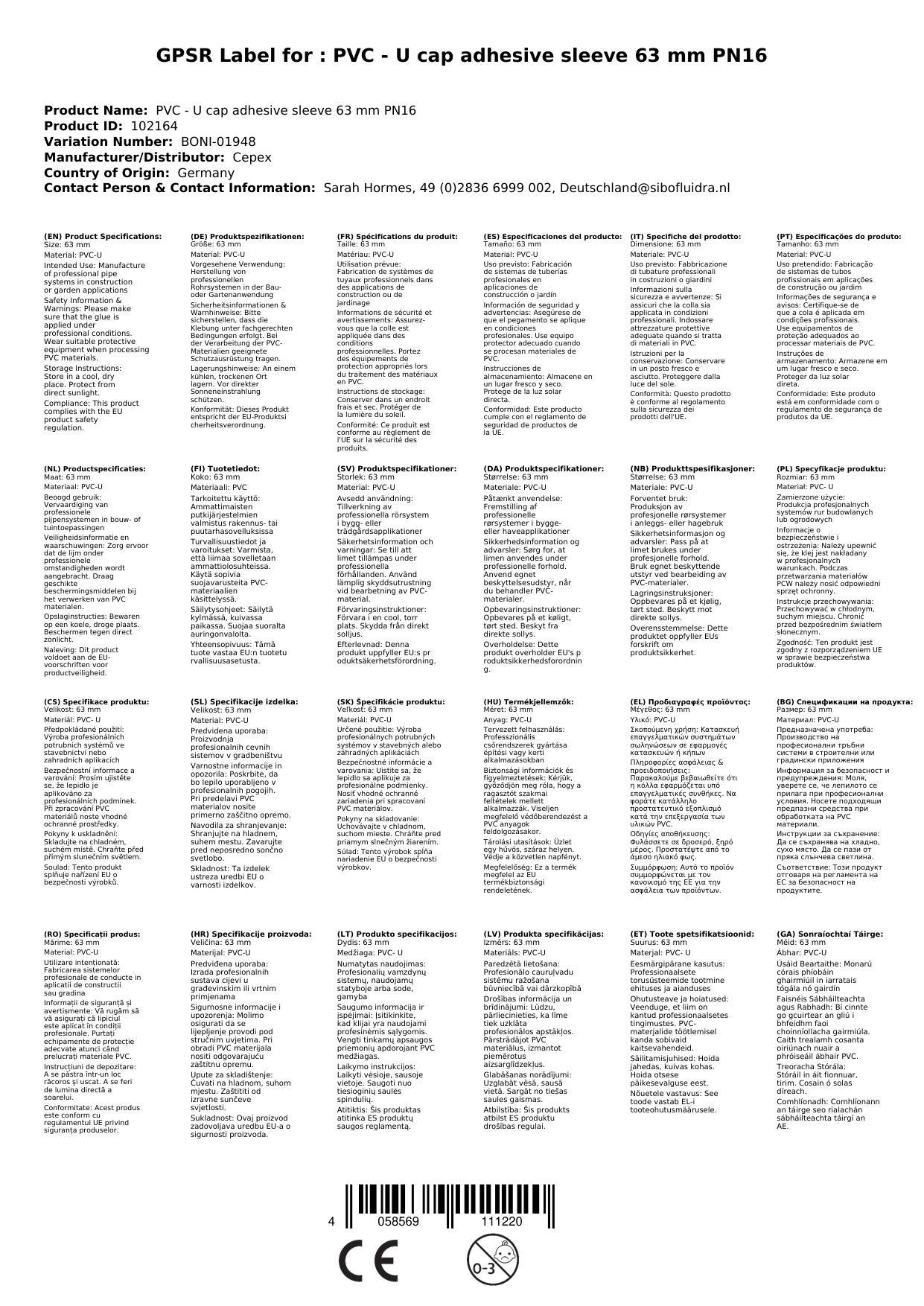 PVC U Fittinge, PVC Klebemuffe 63mm, Kappe PN16