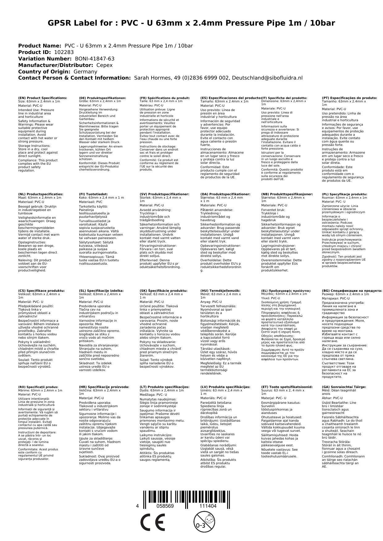 PVC Rohr 63mm, PVC-U Druckrohr 1m, 10bar