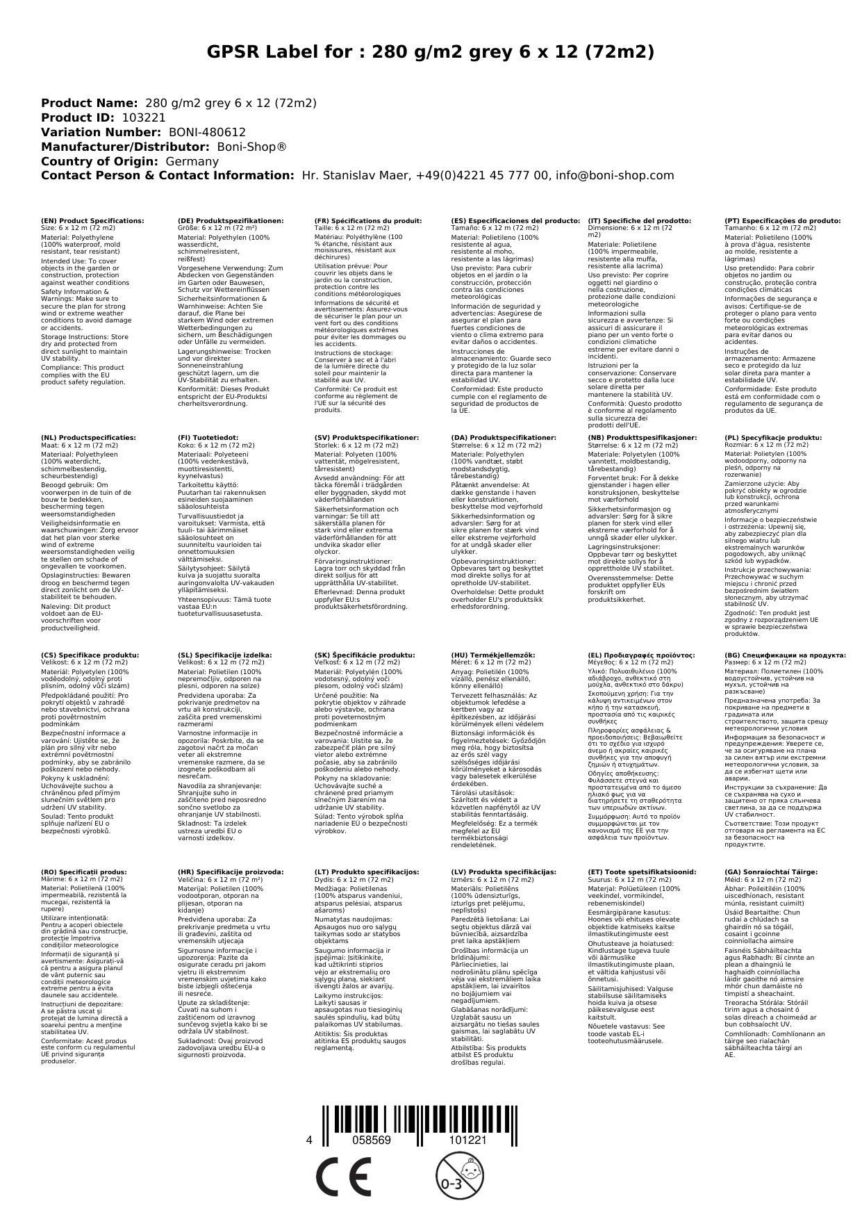 Abdeckplane 6x12m, grau, 280g/m², wasserdicht, reissfest, UV-stabil