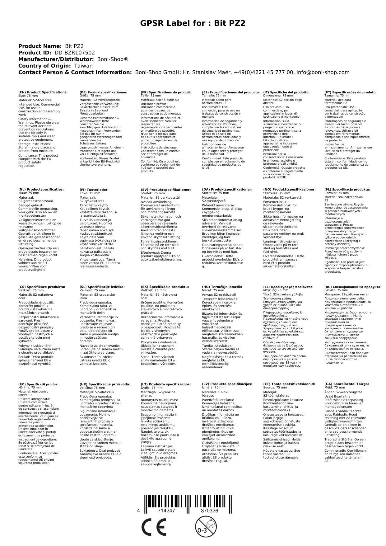 PZ2 Bit 75mm, S2 Stahl, Kreuzschlitz Bit, Langbit, Industriequalität