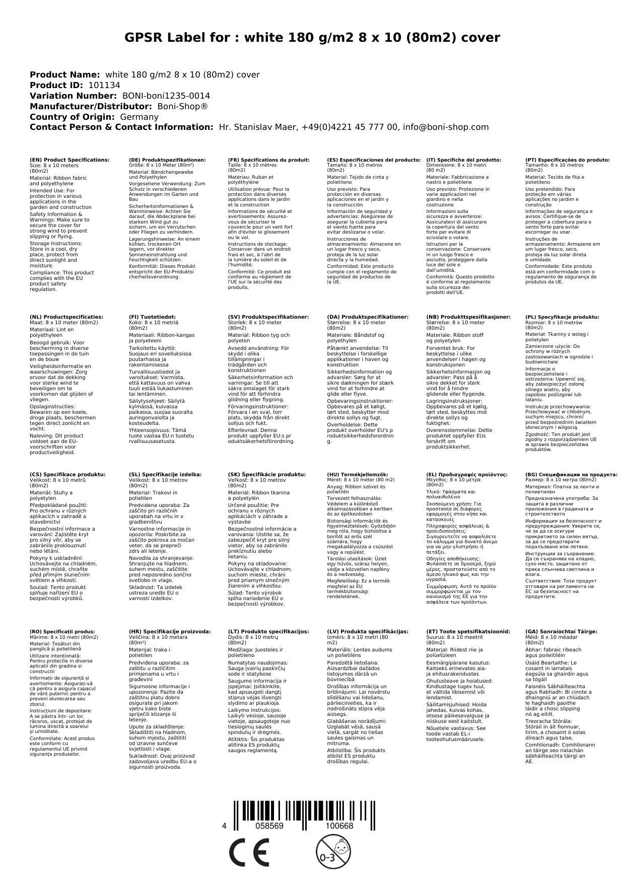Abdeckplane 8x10m, 180g/m², (80m²), wasserdicht, UV-stabil, weiße Plane