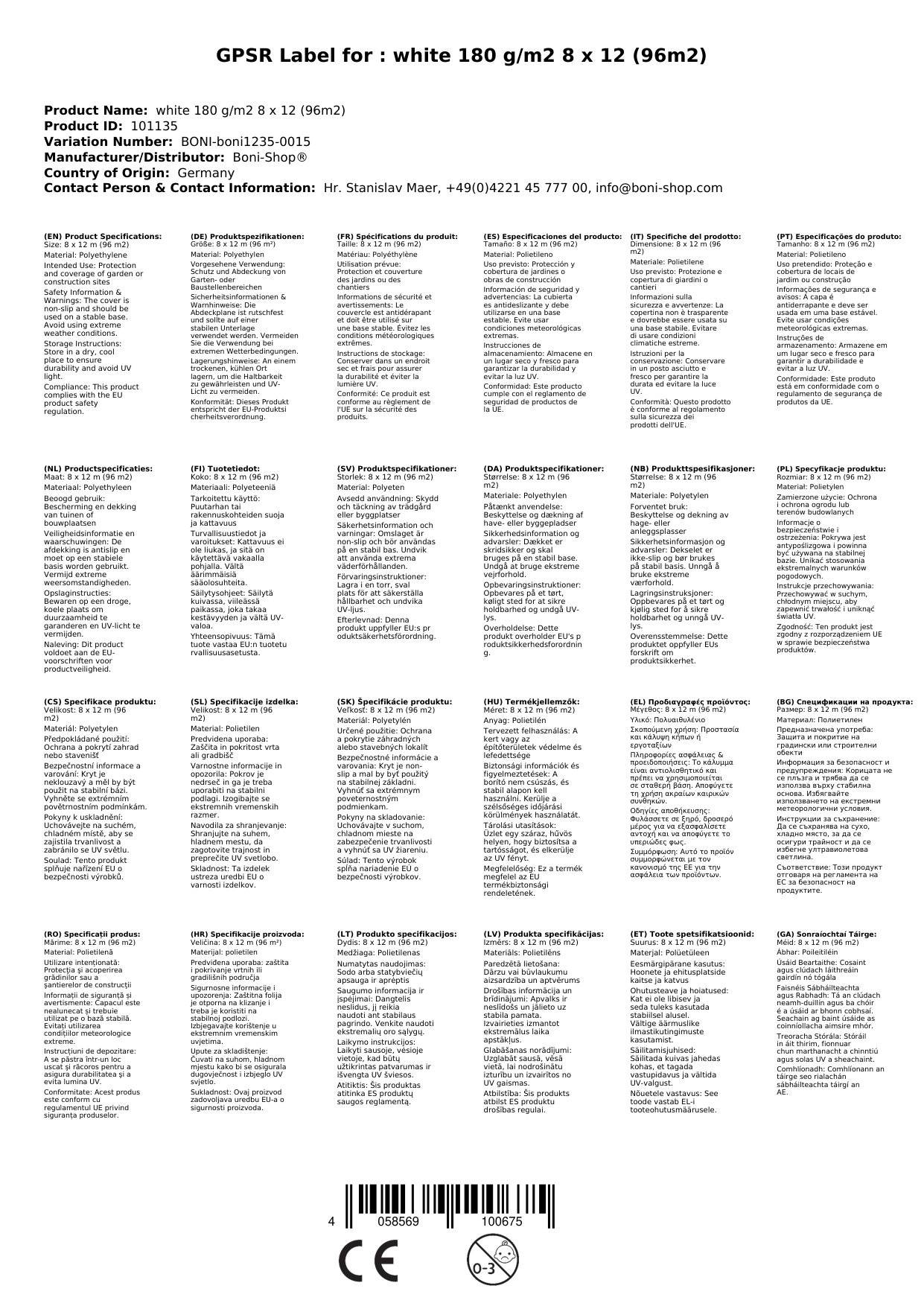 Abdeckplane 8x12m, Weiß, 180 g/m², (96m²), wasserdicht und UV-beständig