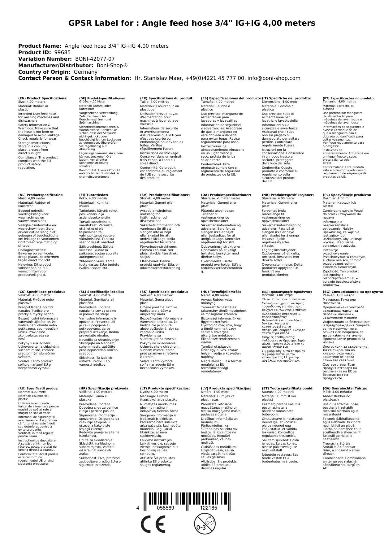 Zulaufschlauch Waschmaschine, Waschmaschinenschlauch, Winkel, 4m, 3/4 Zoll