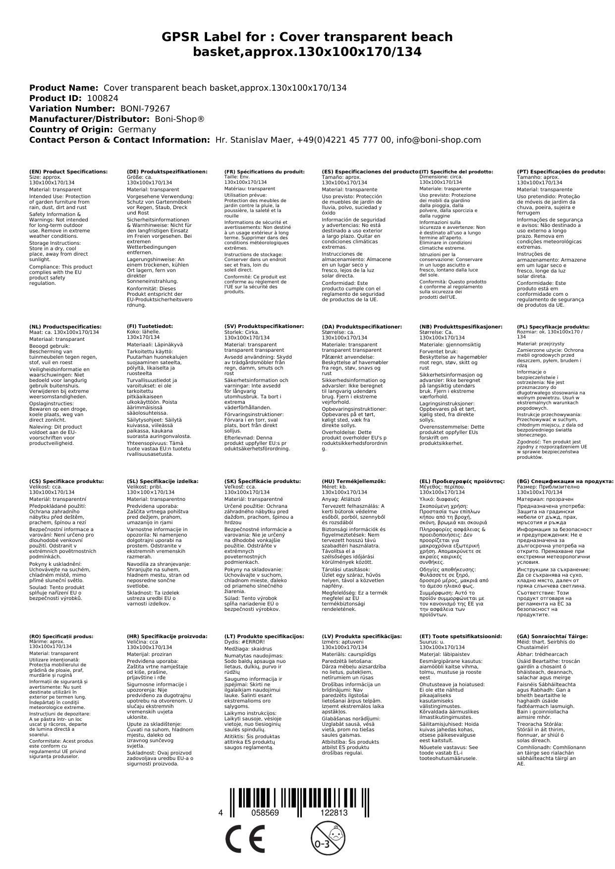 Strandkorb Schutzhülle, transparent, 130x100x170/134cm, Boni