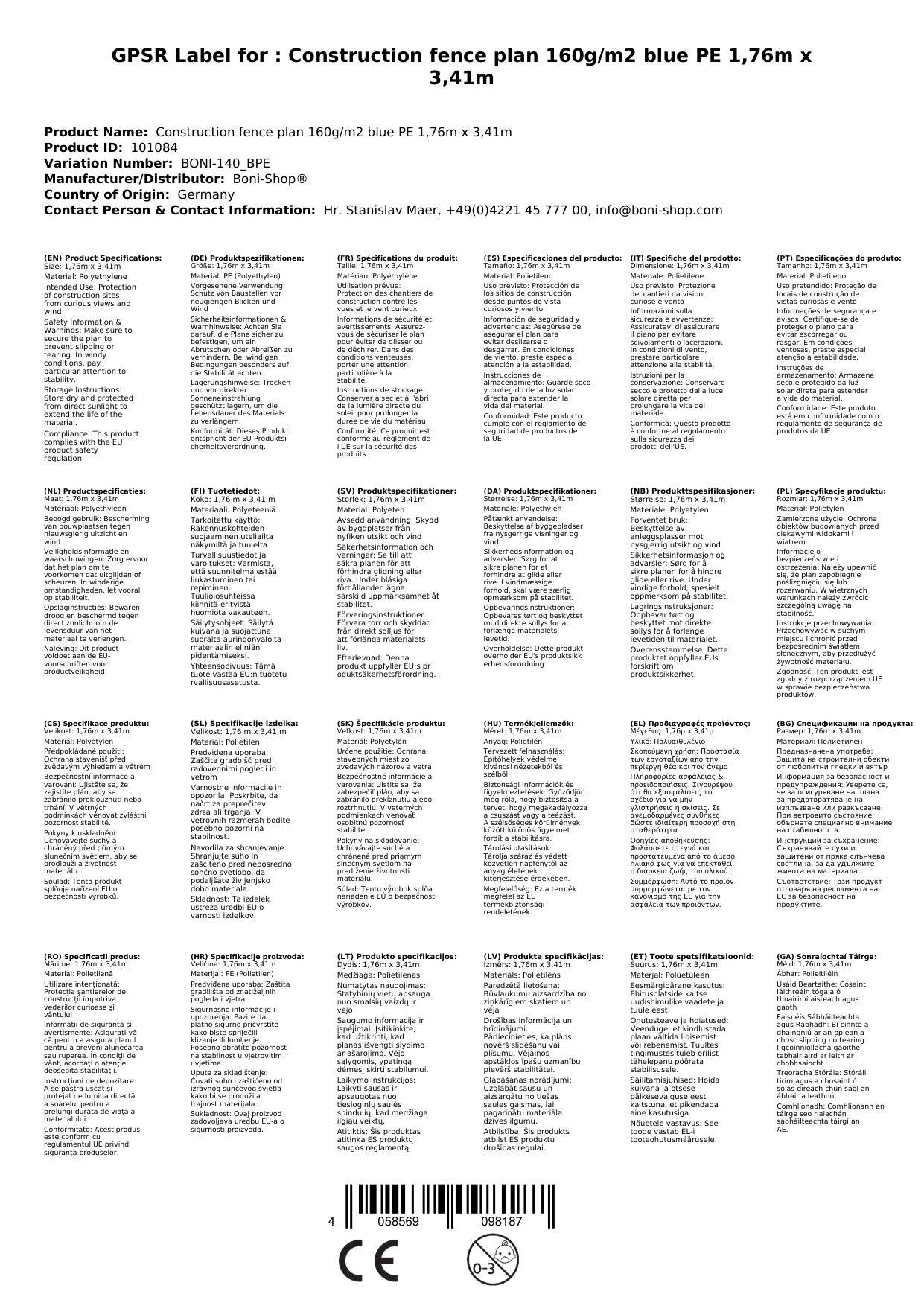 Bauzaunplane blau, 1,76x3,41m, 160g/m², Sichtschutz und Windschutz