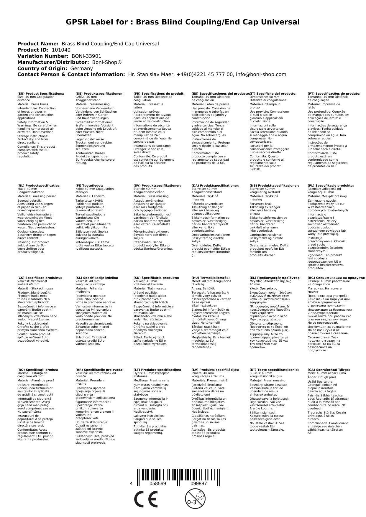 Messing Blindkupplung/Endkappe Universal