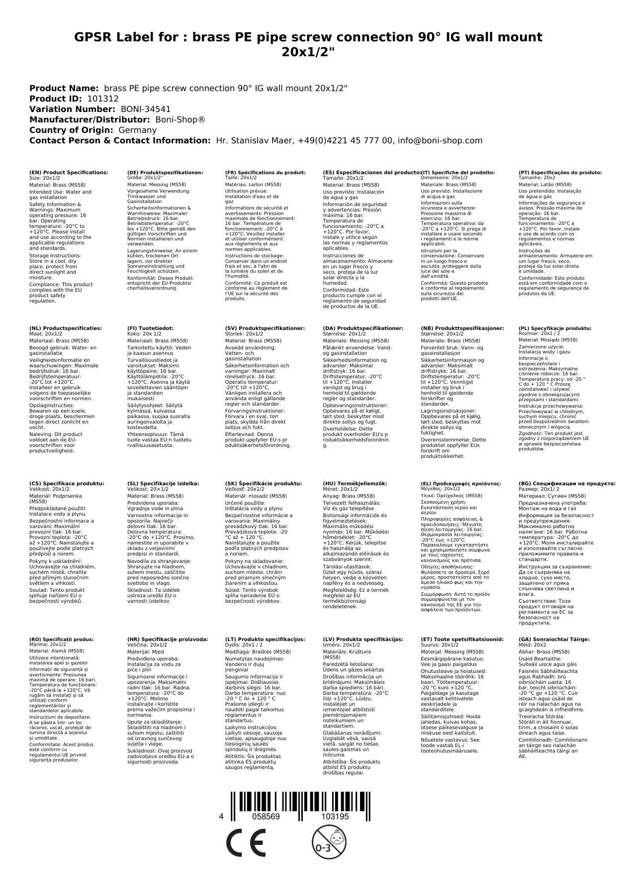 PE Rohr Verschraubung, Messing, Wandhalterung 90°, 20mm x 1/2" IG
