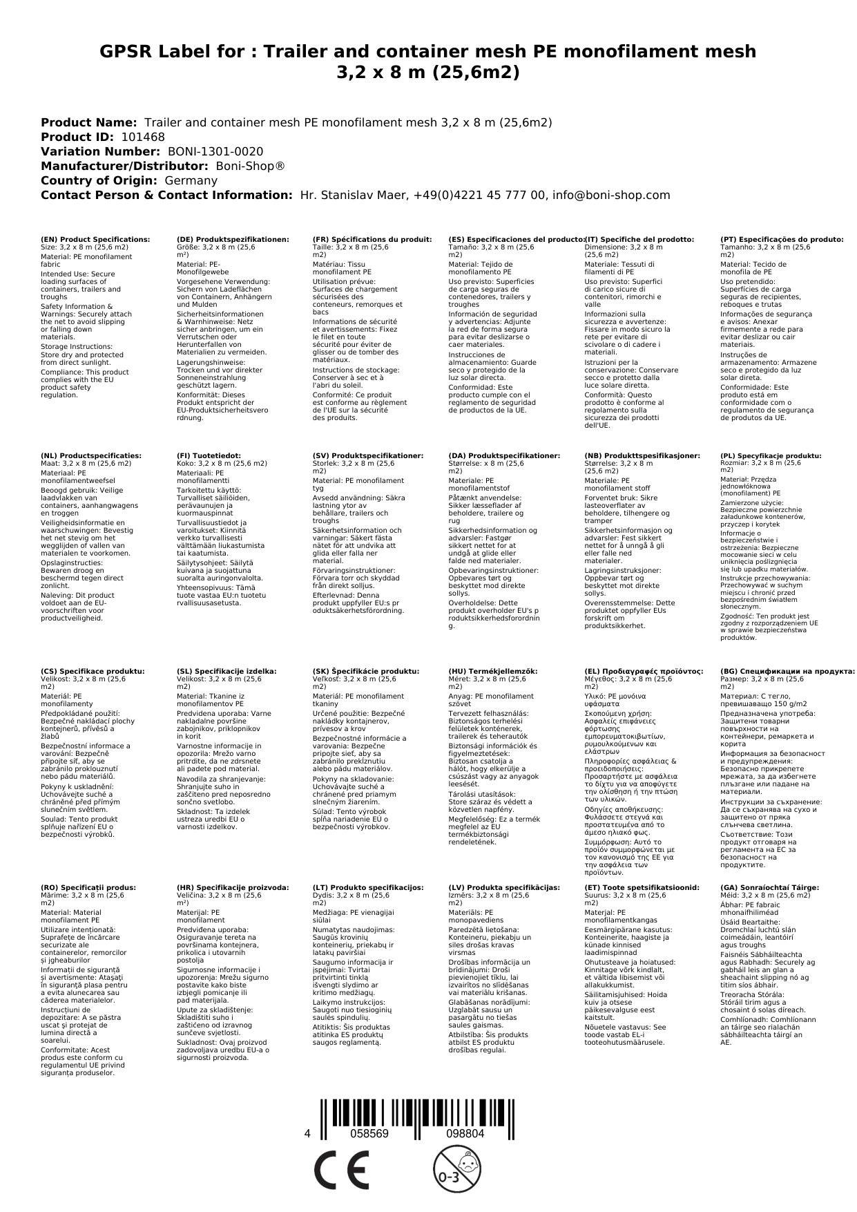 Anhängernetz, Containernetz, 3,2 x 8 m, Feinmaschiges Netz