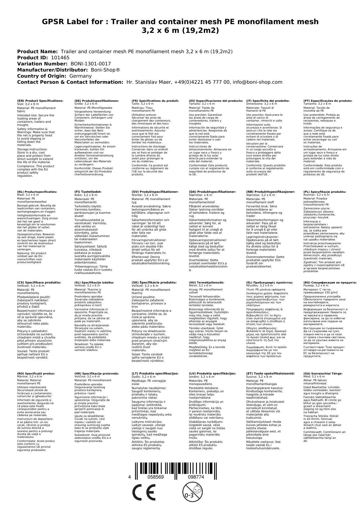 Anhängernetz, Containernetz, Abdecknetz, 3,2 x 6 m (19,2m²), PE-Monofilgewebe