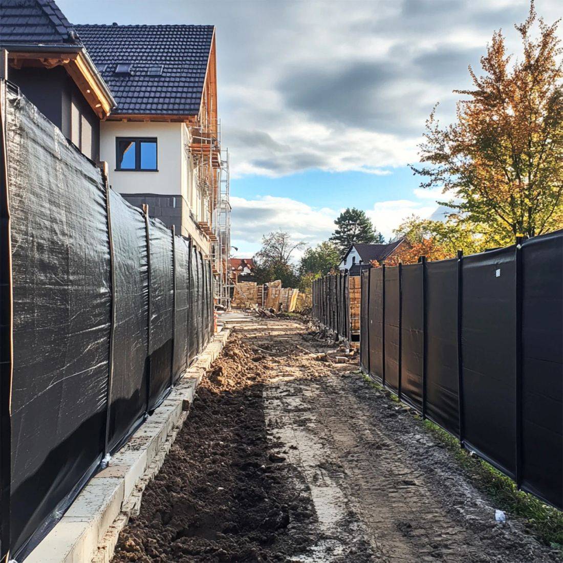 Baustelle mit neuen Häusern auf einem schlammigen Weg, umgeben von Schutzbauzäunen. Bäume und bewölkter Himmel im Hintergrund.
