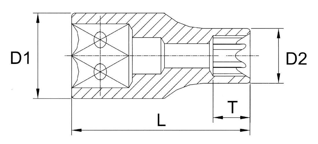 Technisches Diagramm einer mechanischen Komponente mit konischer Form und zwei kreisförmigen Elementen auf der breiten Seite. Beschriftete Dimension 'L'.