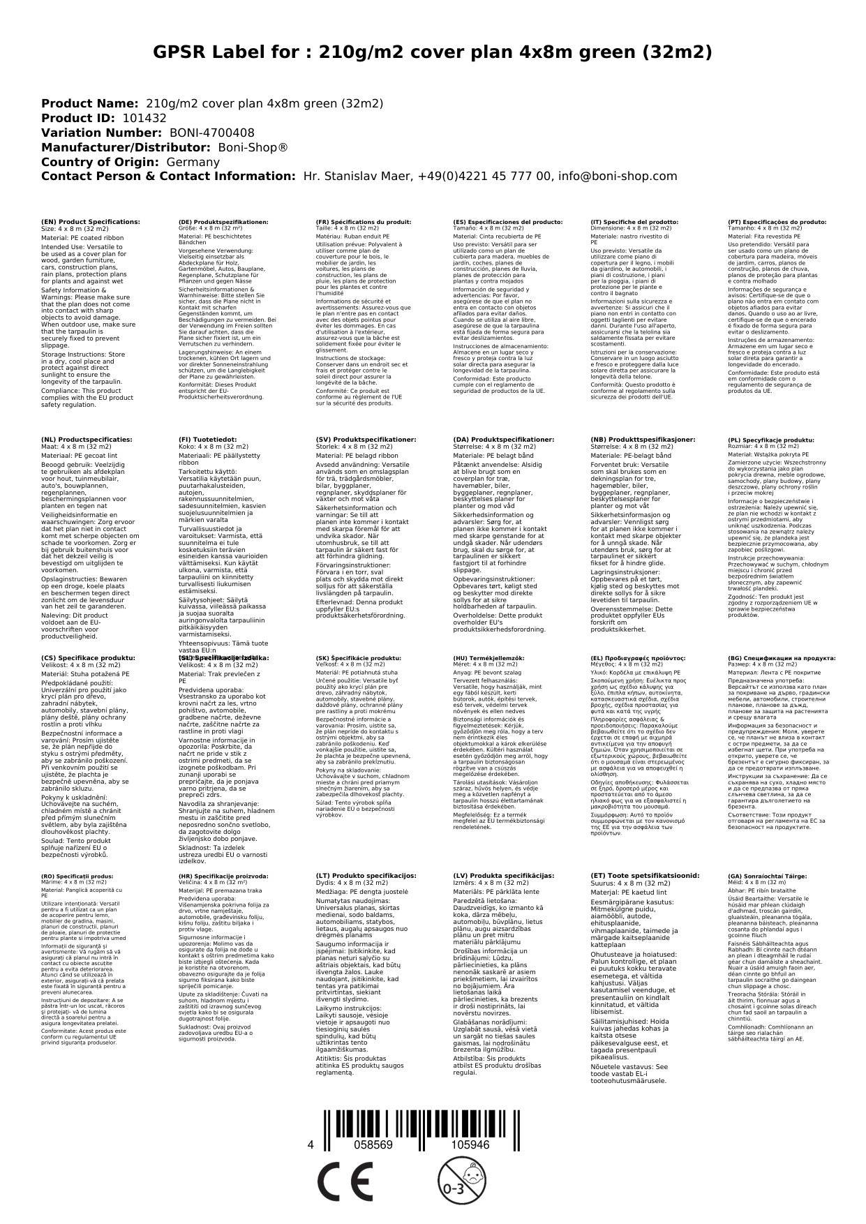 Abdeckplane 4x8m grün, 210g/m², wasserdicht und UV-stabil (32m²)