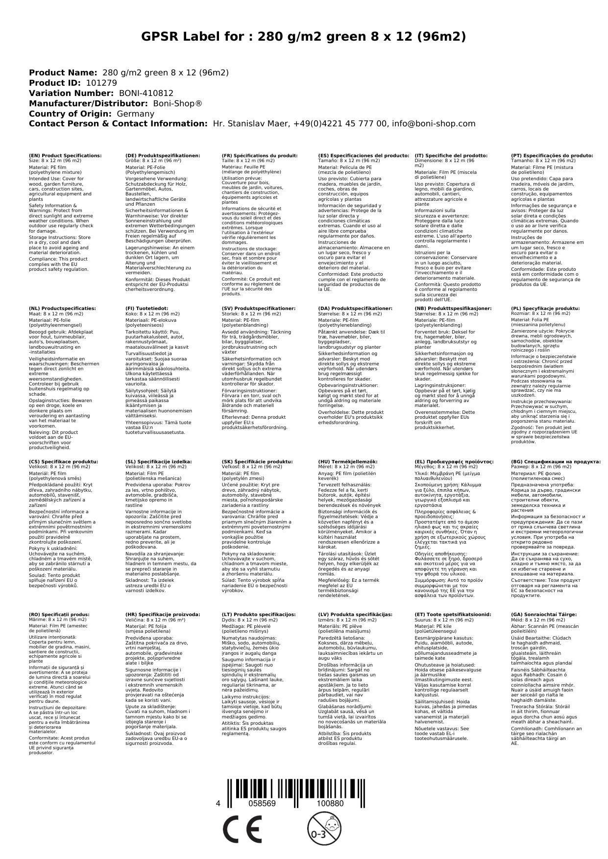 Abdeckplane 280 g/m² grün 96m² - wasserdicht und reißfest