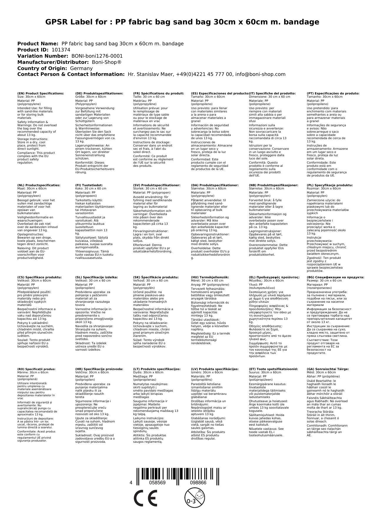 Sandsack, PP Gewebesack 30x60cm, Schwerlastsack mit UV-Schutz