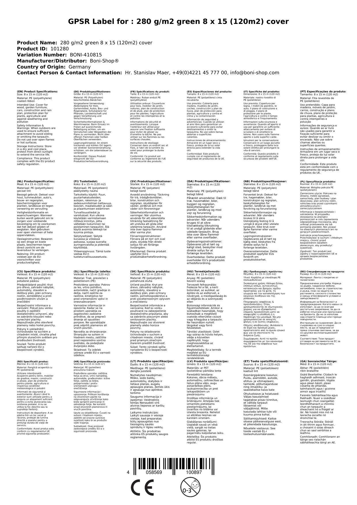 Abdeckplane, 120m², grün, 280g/m², wasserdicht und reißfest