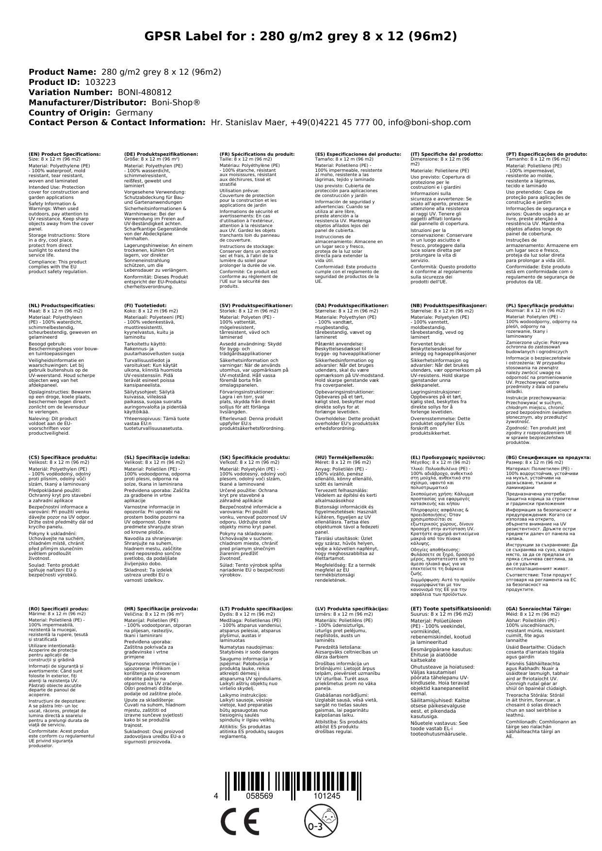 Abdeckplane 8x12m, grau, 280g/m², (96m²), wasserdicht, reißfest