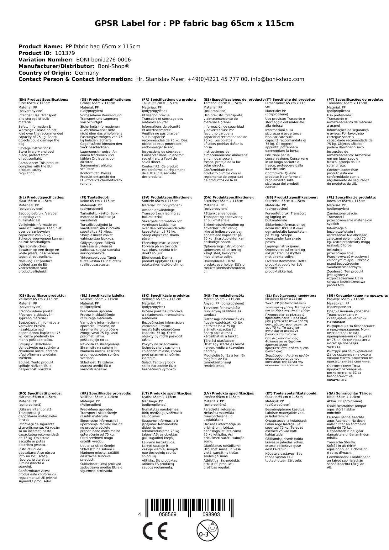 Gewebesack 65x115cm, PP Sack, Schüttgutsack, reißfest