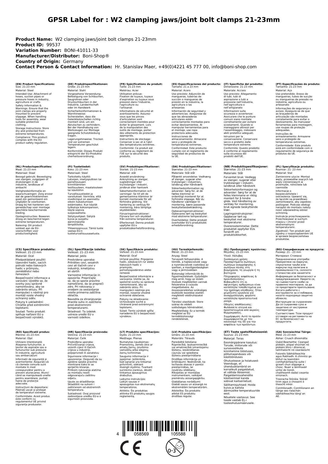 Schlauchschellen, Gelenkbolzenschellen, Edelstahl W2, 21-23mm, Boni-Shop