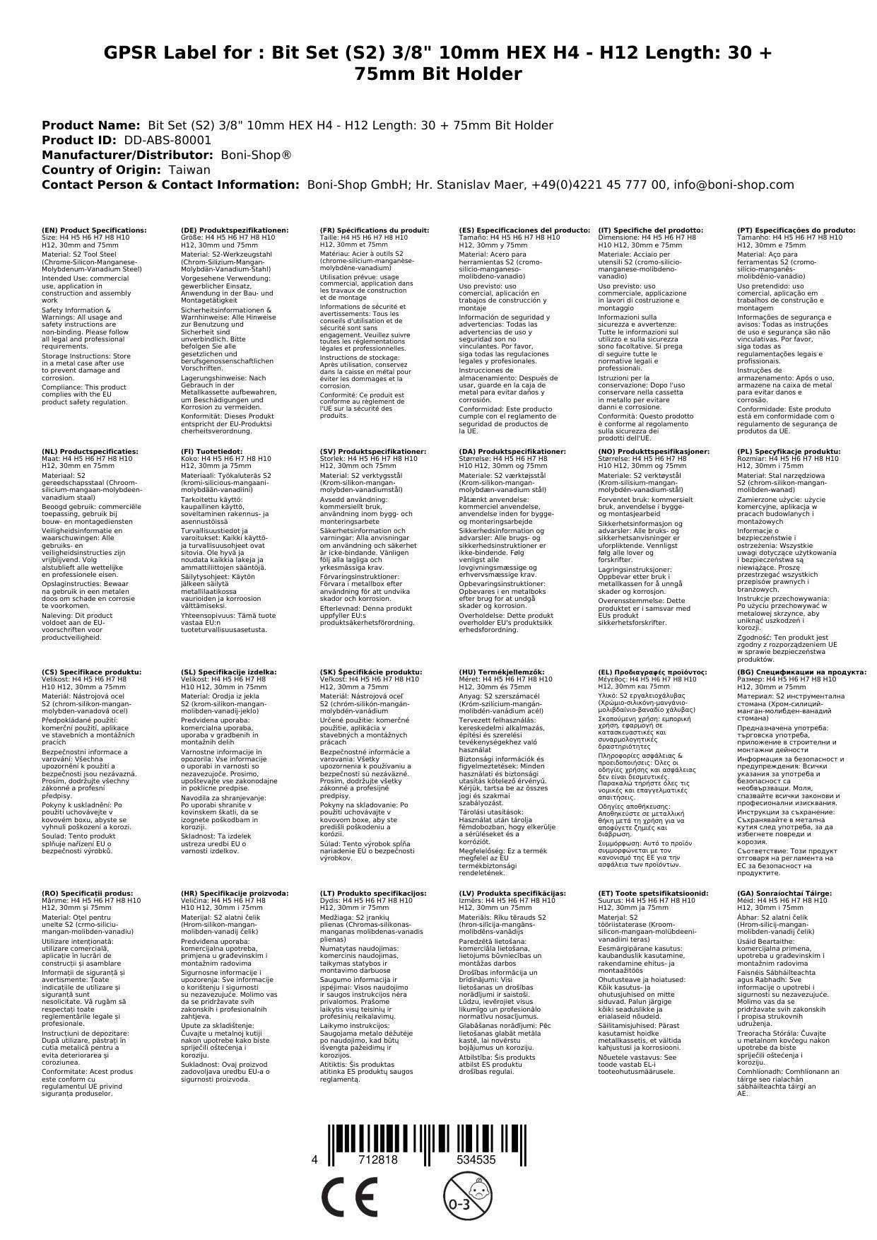 Bit Set, S2 Stahl, 3/8 Zoll, 10mm HEX, H4-H12, 30+75mm, Bit Halter