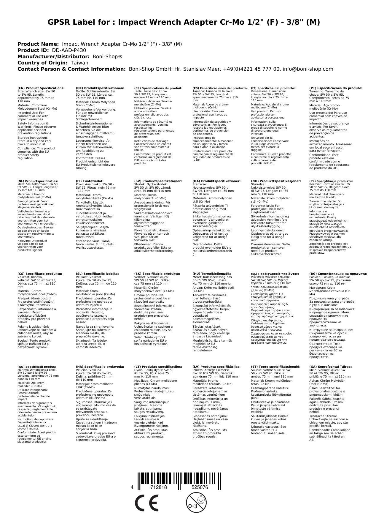 Schlagschrauber Adapter, 1/2 auf 3/8 Zoll, Cr-Mo