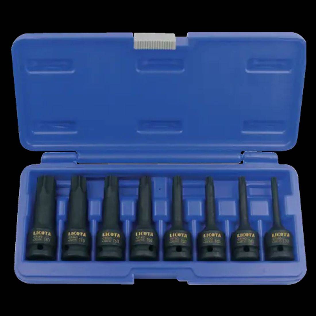 Ein blaues Etui enthält acht schwarze Steckbits mit Größen von M5 bis M18.