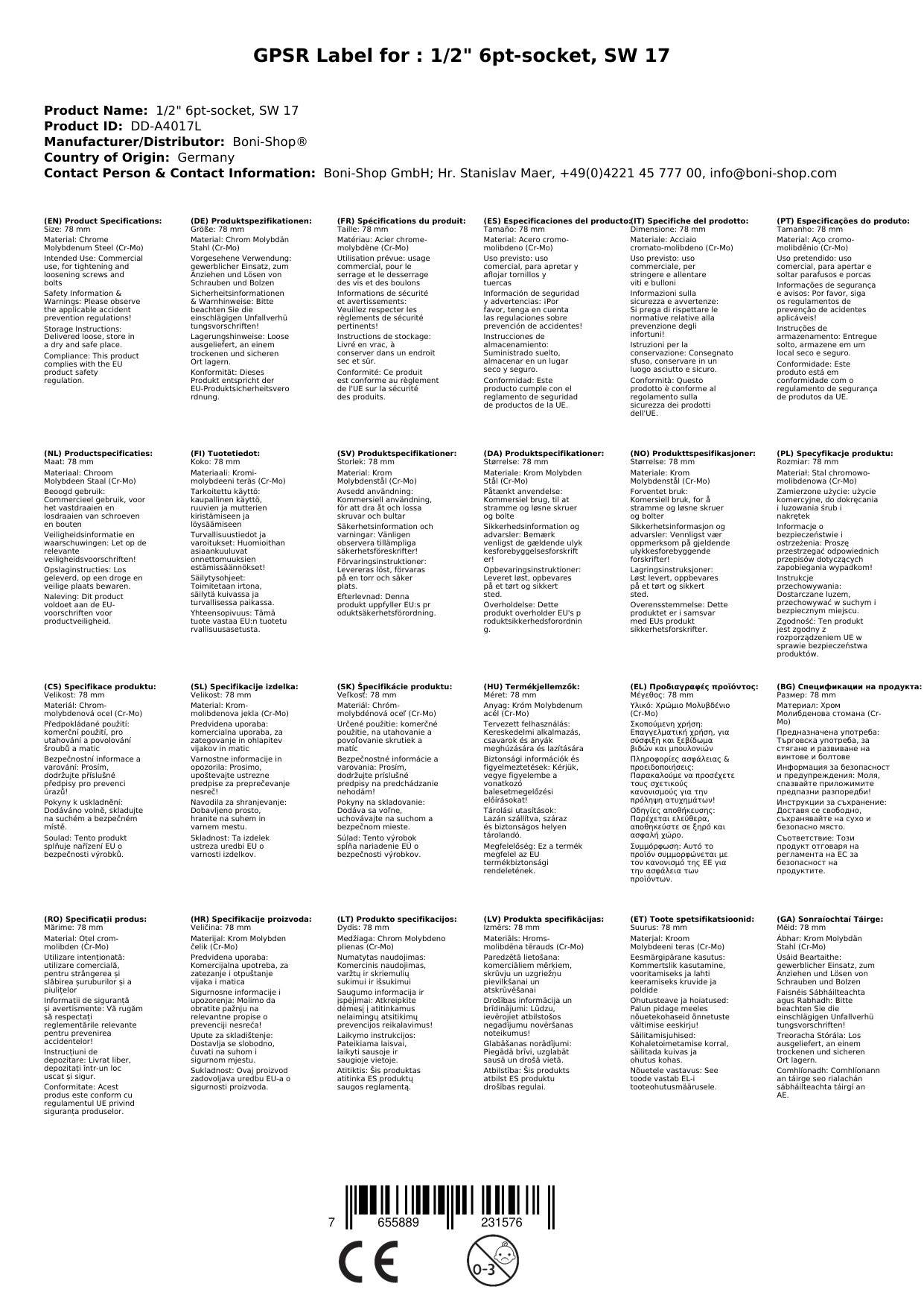 Schlagschraubernuss, 1/2 zoll Nuss, 17 mm Nuss SW17, 6-kant