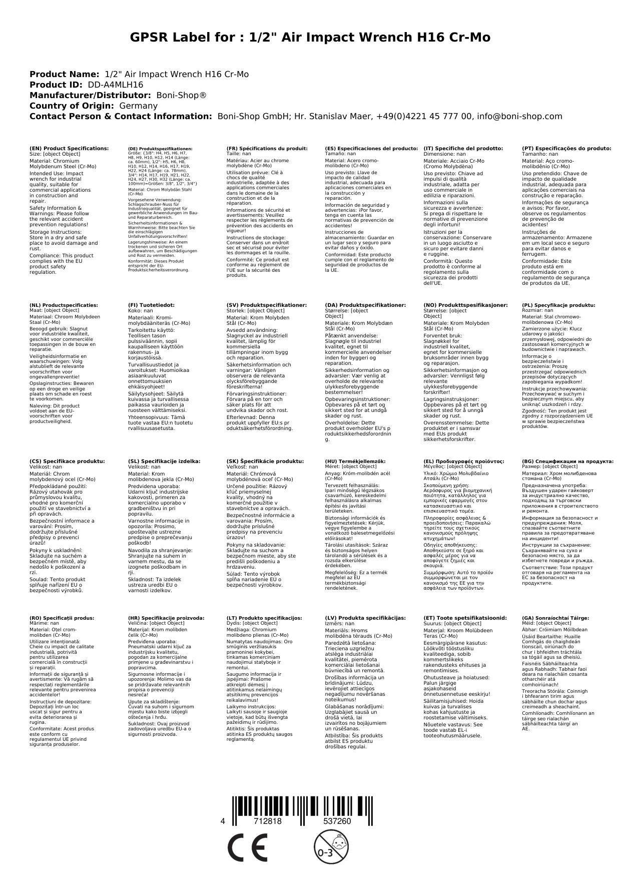 Schlagschraubernuss, Innensechskant Nuss H16, Cr-Mo, 1/2 Zoll
