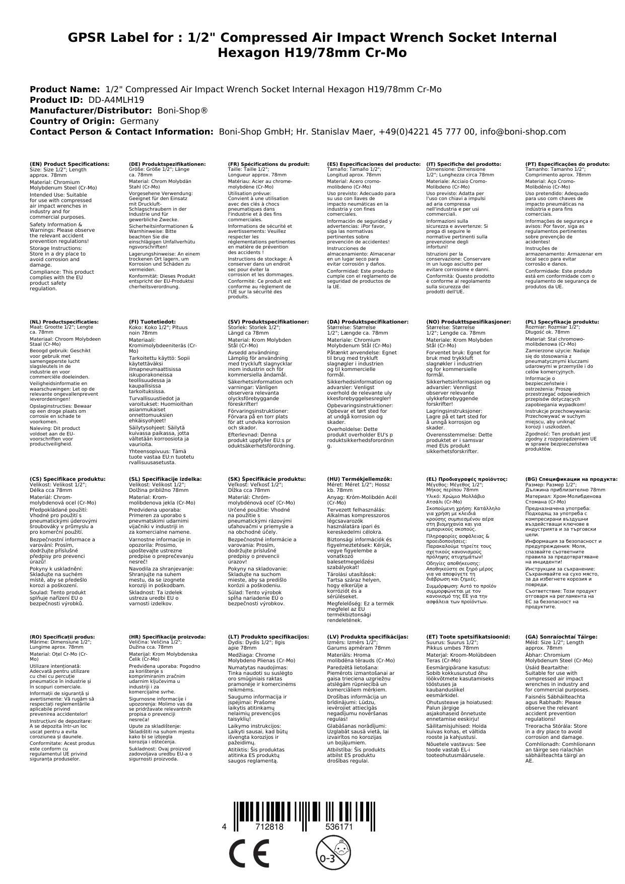 Schlagschraubernuss, Innensechskant Nuss, 1/2 Zoll, H19, Cr-Mo